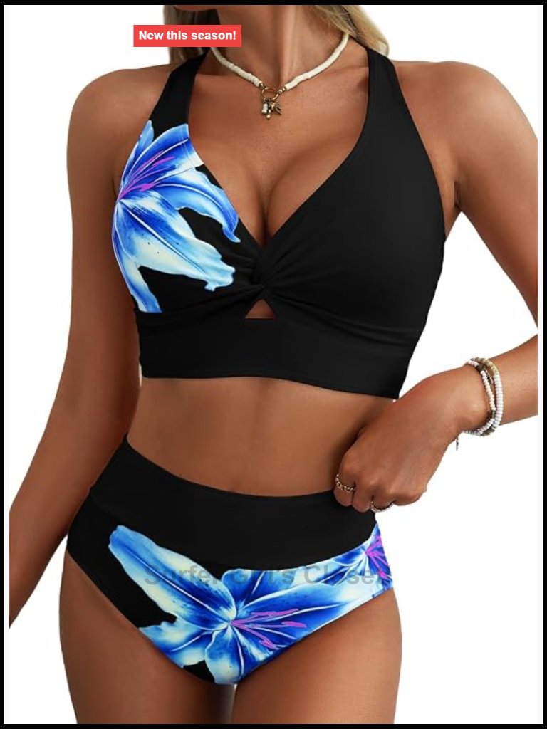 Women's High Waisted Bikini Set With Twist Front Top And Lily Print - Summer